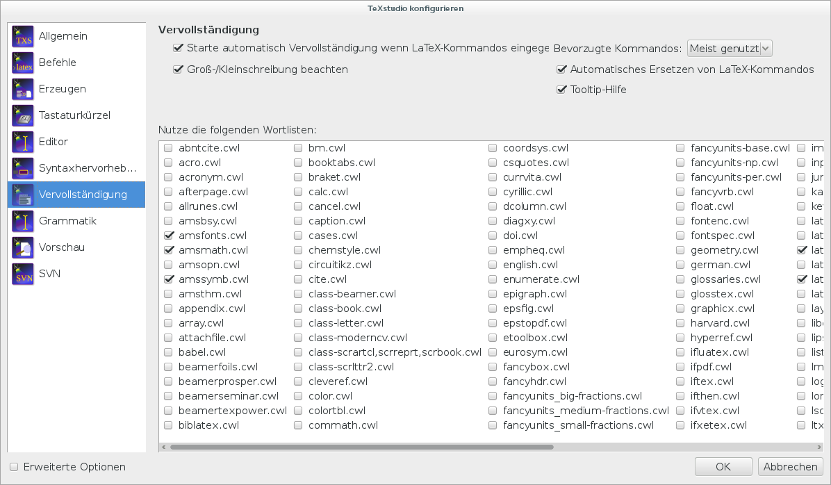 TeXstudio konfigurieren (Vervollständigung)